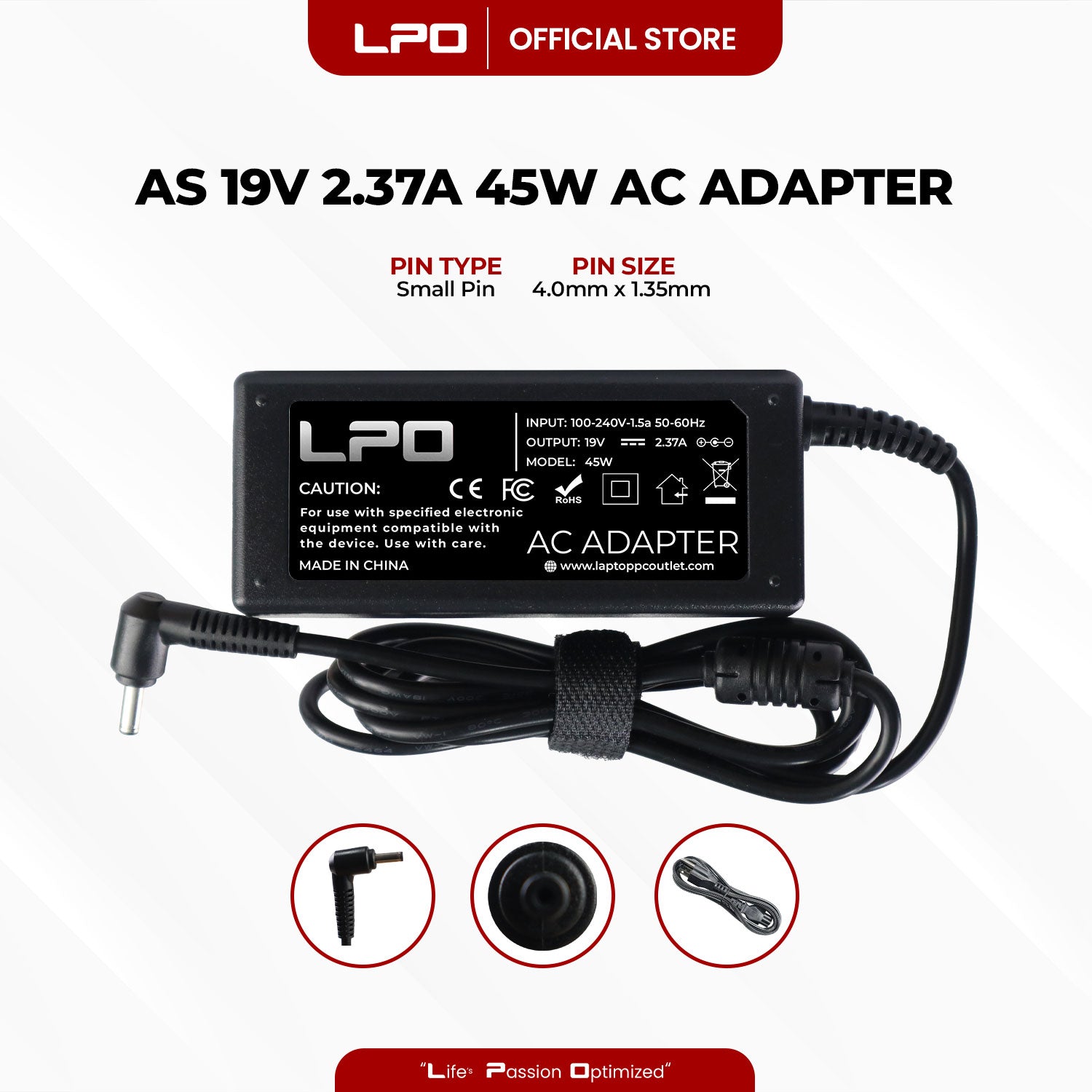 Laptop Charger Asus 19V 2.37A 45W Small Pin 4.0mm x 1.35mm Compatible with Asus TP300L X540L