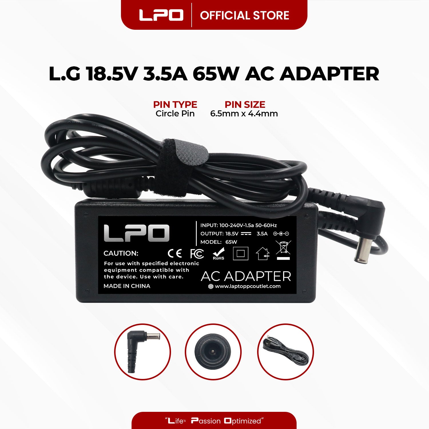 Laptop Charger LG 18.5V 3.5A 65W Circle Pin 6.5mm x 4.4mm Compatible with LG R400 Series
