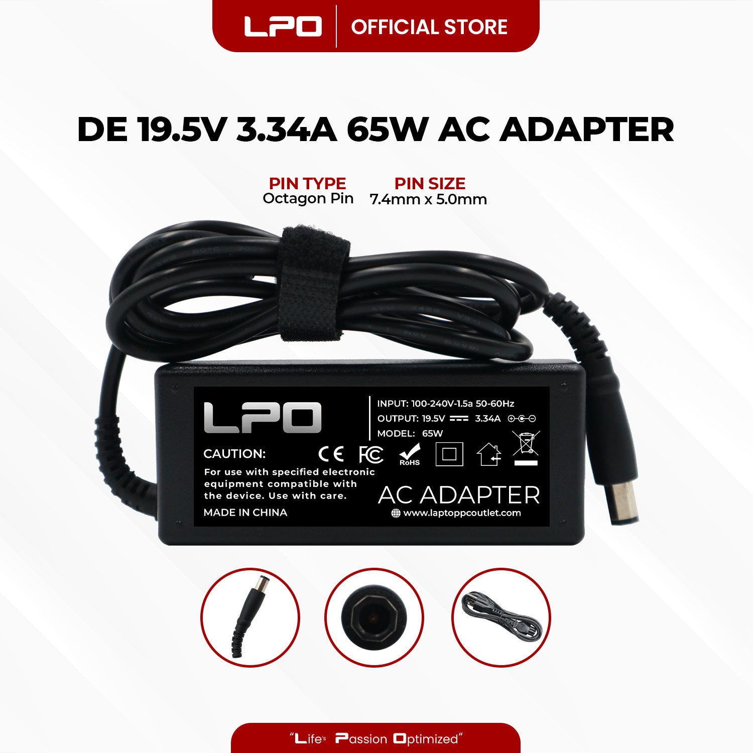 Laptop Charger Dell 19.5V 3.34A 65W Octagon Pin 7.4mm x 5.0mm Compatible with Dell Inspiron 1318