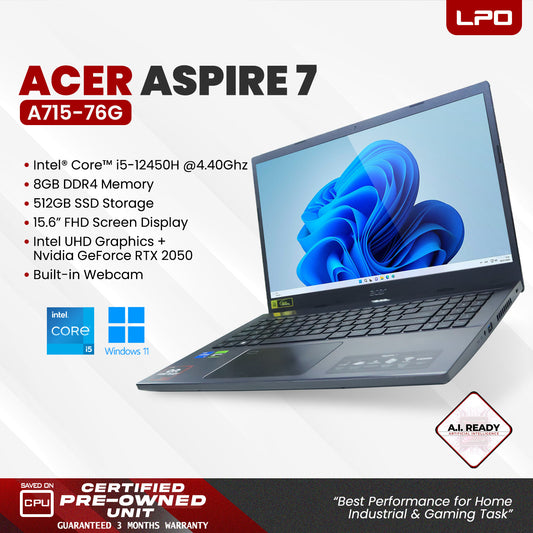LPO Laptop Acer Aspire 7 A715-76G Intel i5-12450H @4.40Ghz 8GB DDR4 512GB SSD Win 11 Pro 15.6" FHD 1920*1080 Intel UHD Graphics RTX 2050 GPU