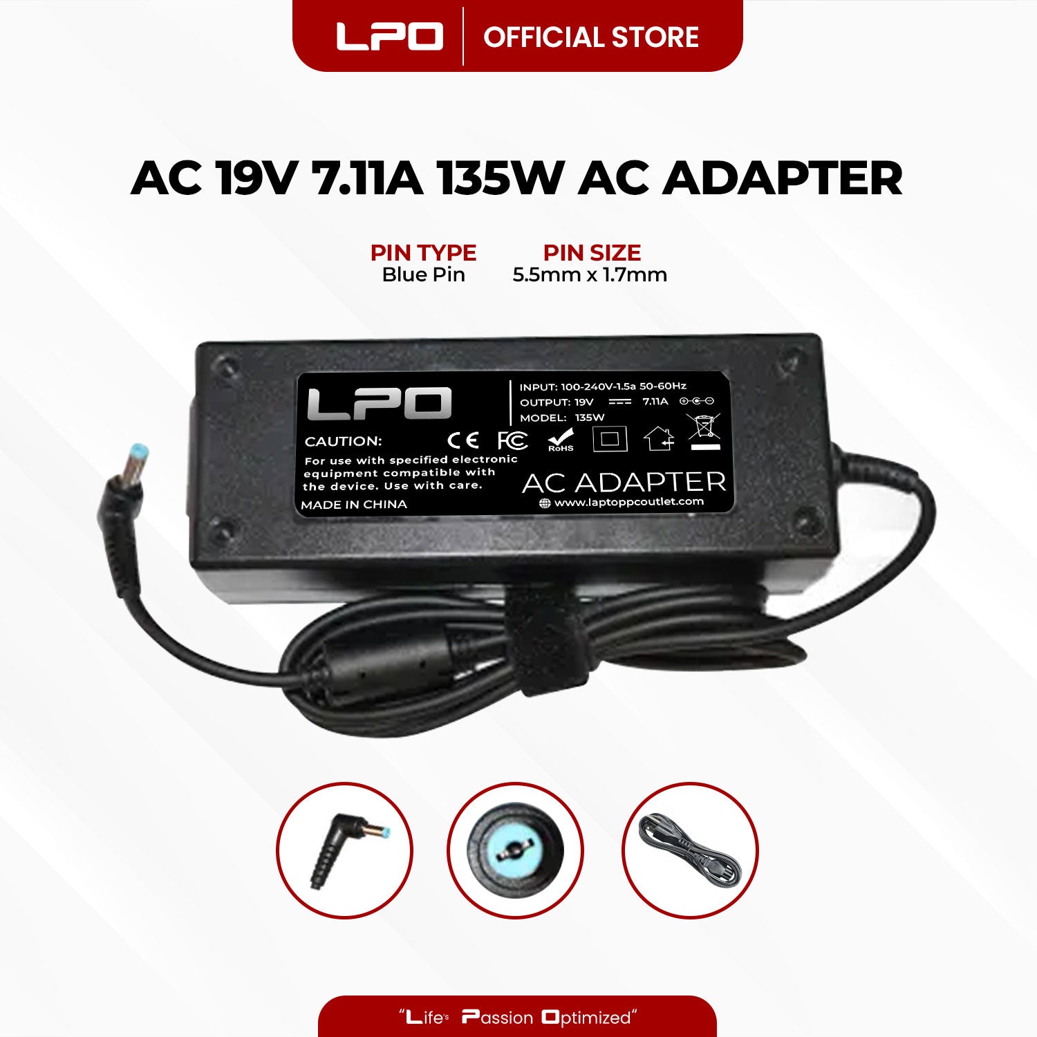 Laptop Charger Acer 19V 7.11A / 7.1A 135W Blue Pin 5.5mm x 1.7mm Compatible with Acer Nitro 5 AN515-54