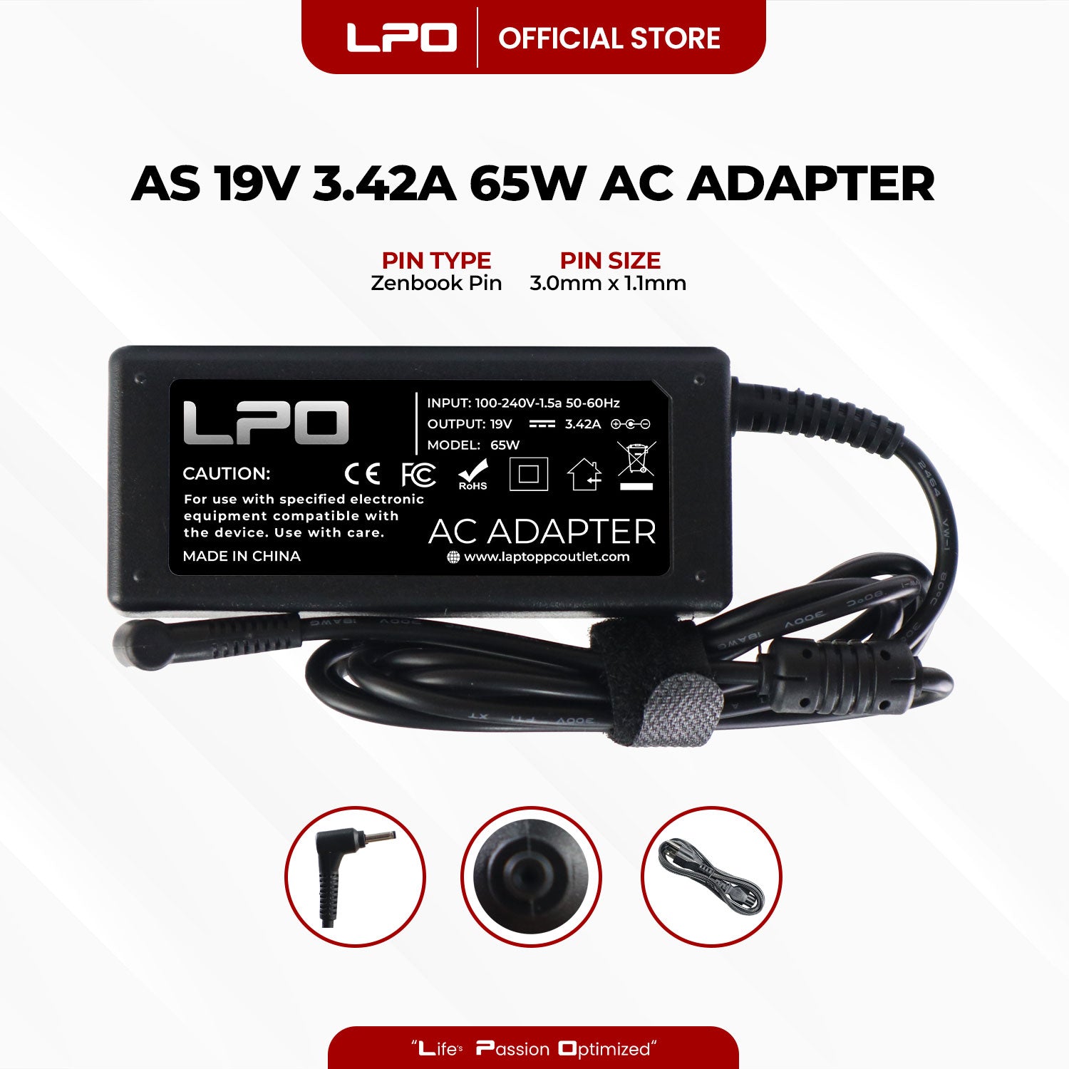 Laptop Charger Asus 19V 3.42A 65W Zenbook 3.0mm x 1.1mm Compatible with Asus UX21 Series