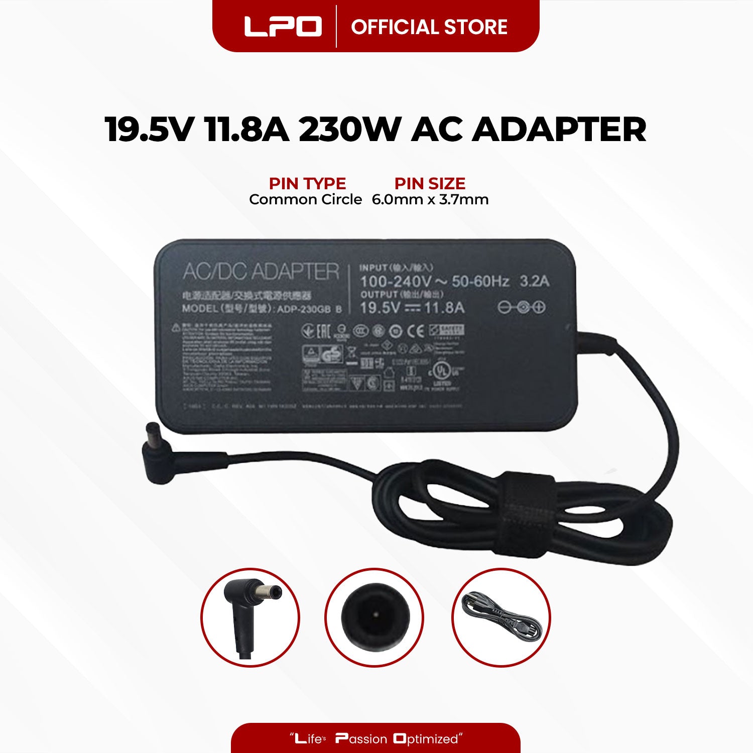 Laptop Charger Asus 19.5V 11.8A 230W Common Circle 6.0mm x 3.7mm Compatible with Asus ROG Strix GL703 GL703GM-EE063T GL703GM-DS74