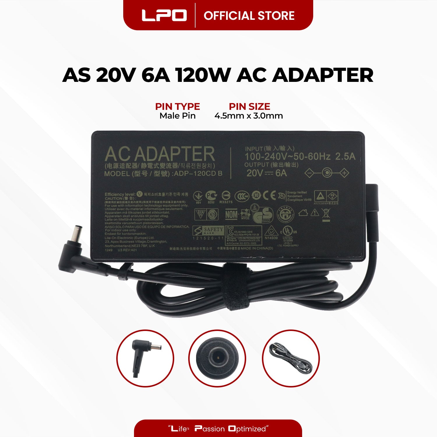 Laptop Charger Asus 20V 6A 120W	Male Pin 4.5mm x 3.0mm Compatible with Asus ZenBook Q546FD