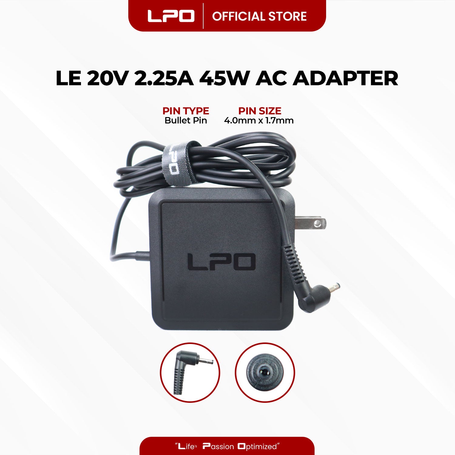 Laptop Charger Lenovo 20V 2.25A 45W Bullet Pin 4.0mm x 1.7mm Compatible with Lenovo Chromebook N21 Ideapad 100 14IBY