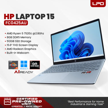 LPO Laptop HP Laptop 15 FC0425AU  AMD Ryzen 5 7520U @ 2.8GHz 8GB DDR5 512GB SSD 15.6