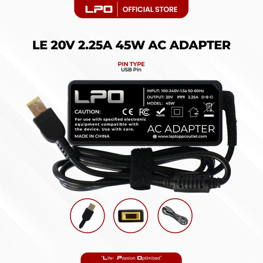 Laptop Charger Lenovo 20V 2.25A 45W	USB Pin Compatitble with Lenovo IdeaPad Touch , IdeaPad Series , IdeaPad Flex , ThinkPad Edge , ThinkPad , IdeaPad Yoga , G400 G405s G400s, G500, G500s, G40, G505, G50, G505