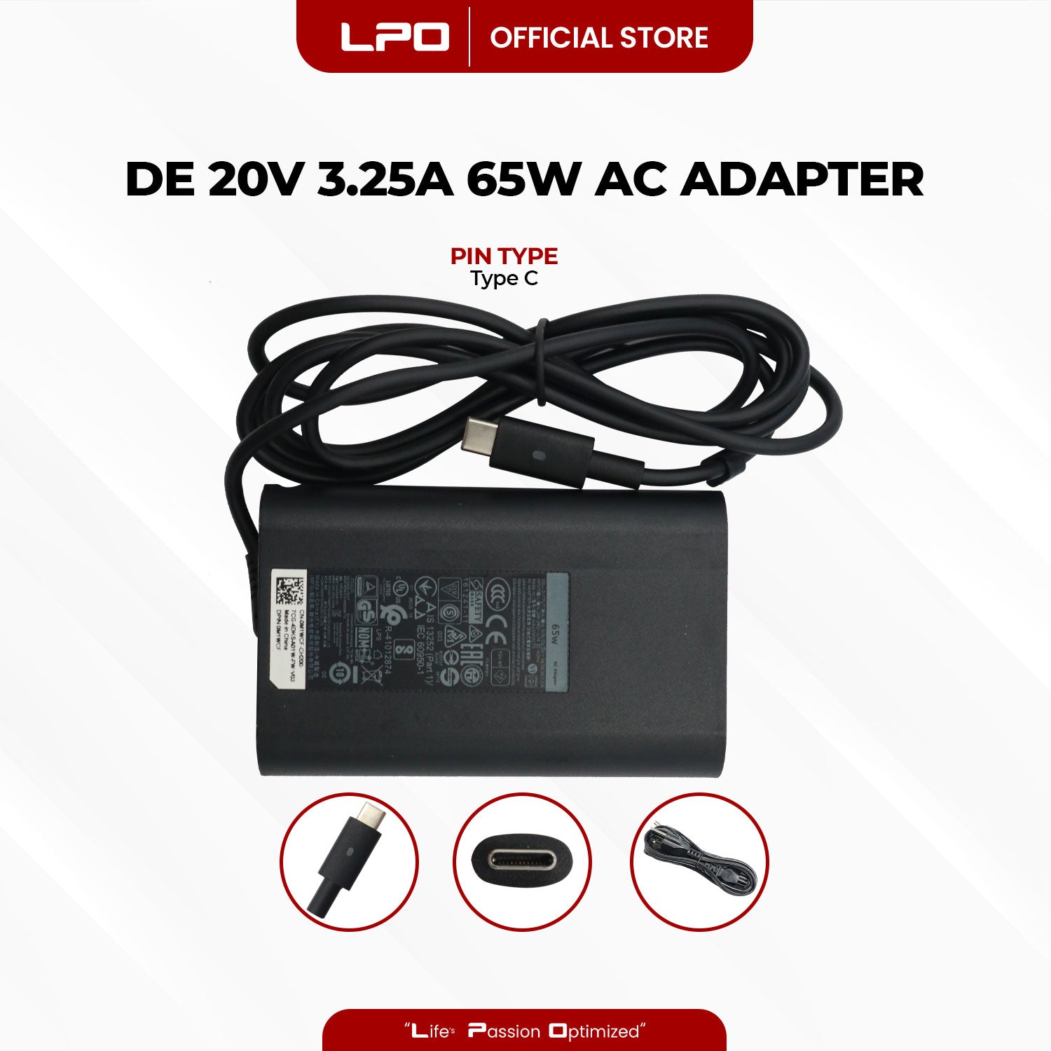 Laptop Charger Dell 20V 3.25A 65W TYPE C Compatible with LA65NM170, HA65NM170