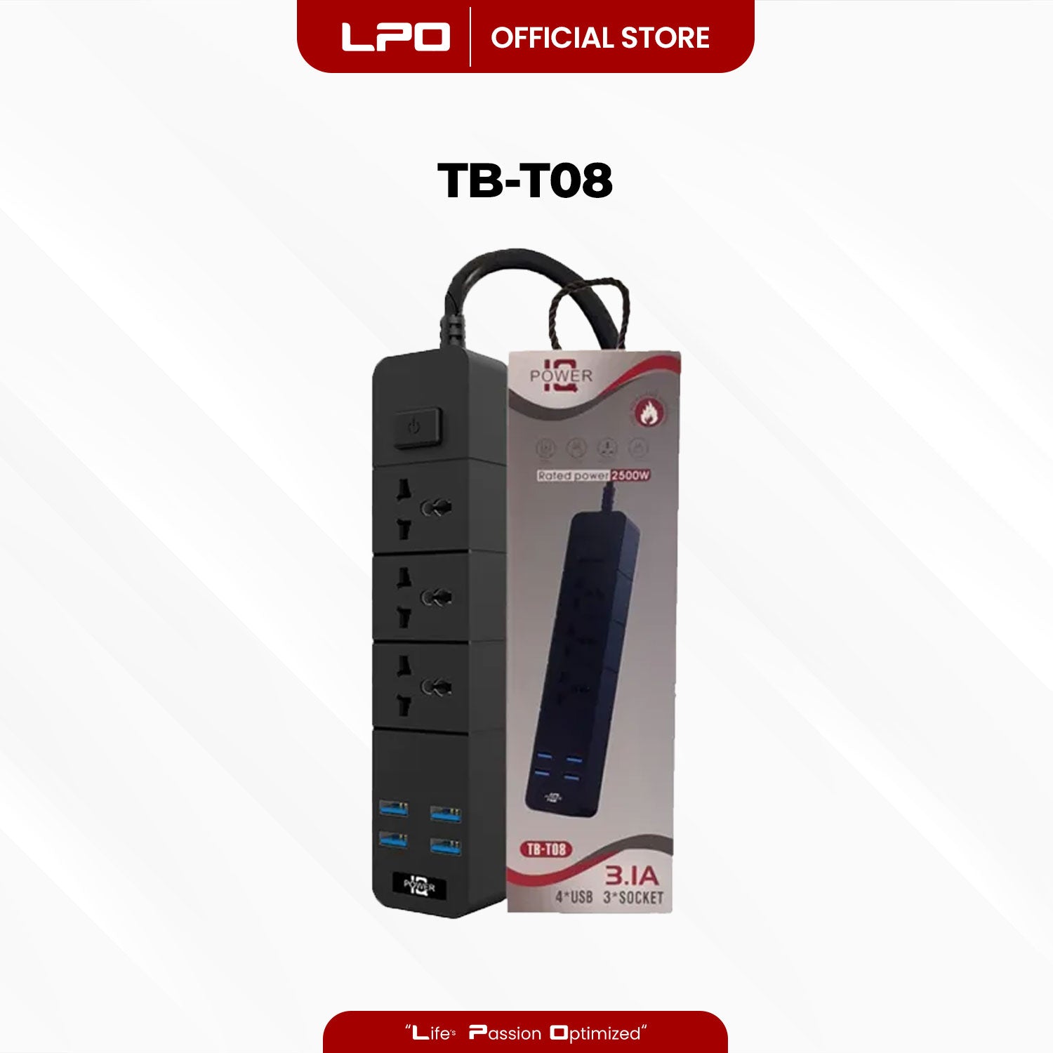 TB-T08 Power Extension 4 USB Port 3 Universal Plug Port with 2500W - 10A / 110 - 250V 5V = 3.1A 2m Length