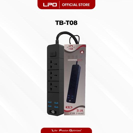 TB-T08 Power Extension 4 USB Port 3 Universal Plug Port with 2500W - 10A / 110 - 250V 5V = 3.1A 2m Length