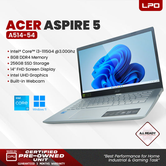 LPO Laptop Acer Aspire 5 A514-54 Intel i3-1115g4 @3.00GHz 8GB DDR4 256GB SSD Win 11 Pro 14.0" FHD 1920*1080 Intel UHD Graphics