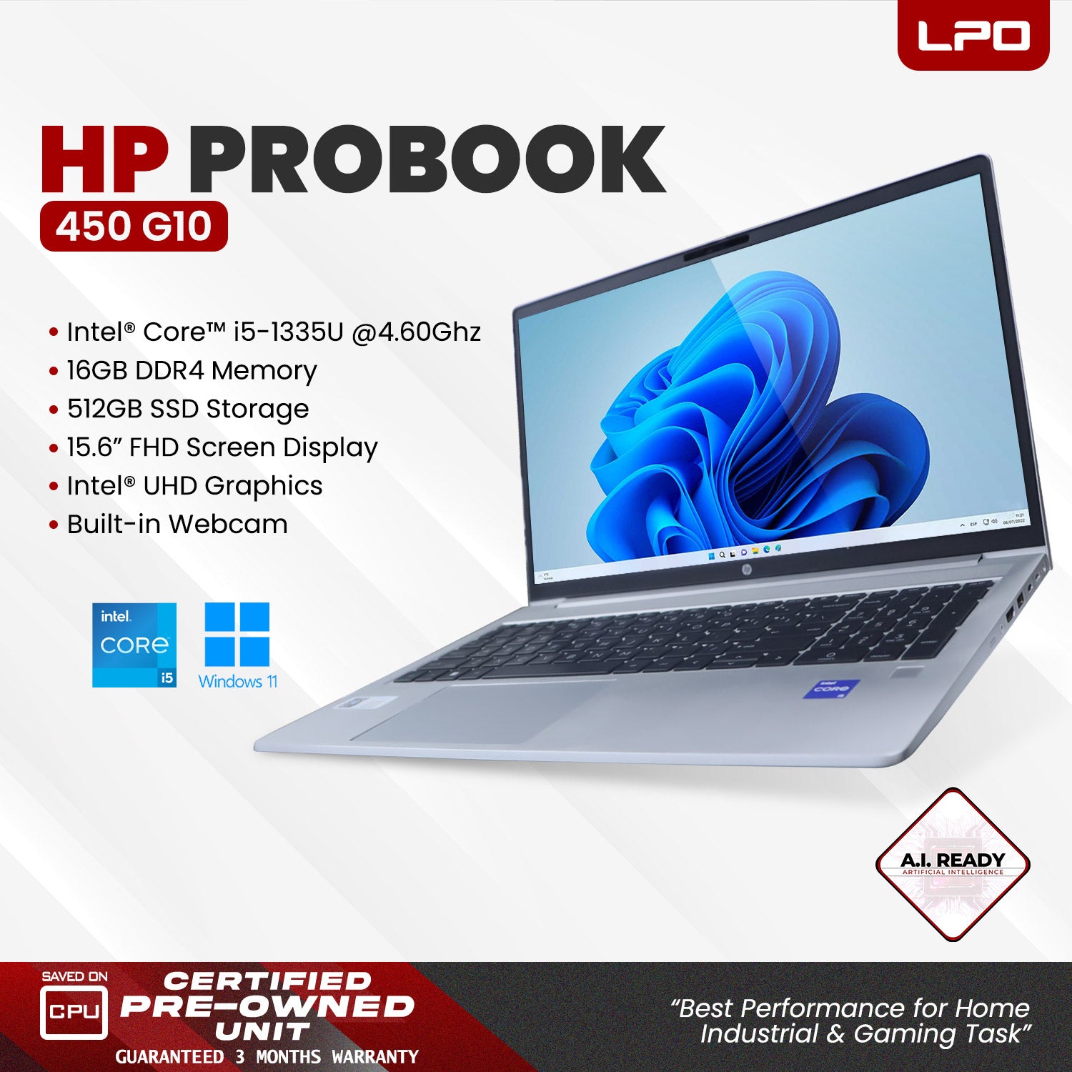 LPO Laptop HP ProBook 450 G10 Intel Core i5-1335U @ 4.60GHz 16GB DDR4 512GB SSD 15.6
