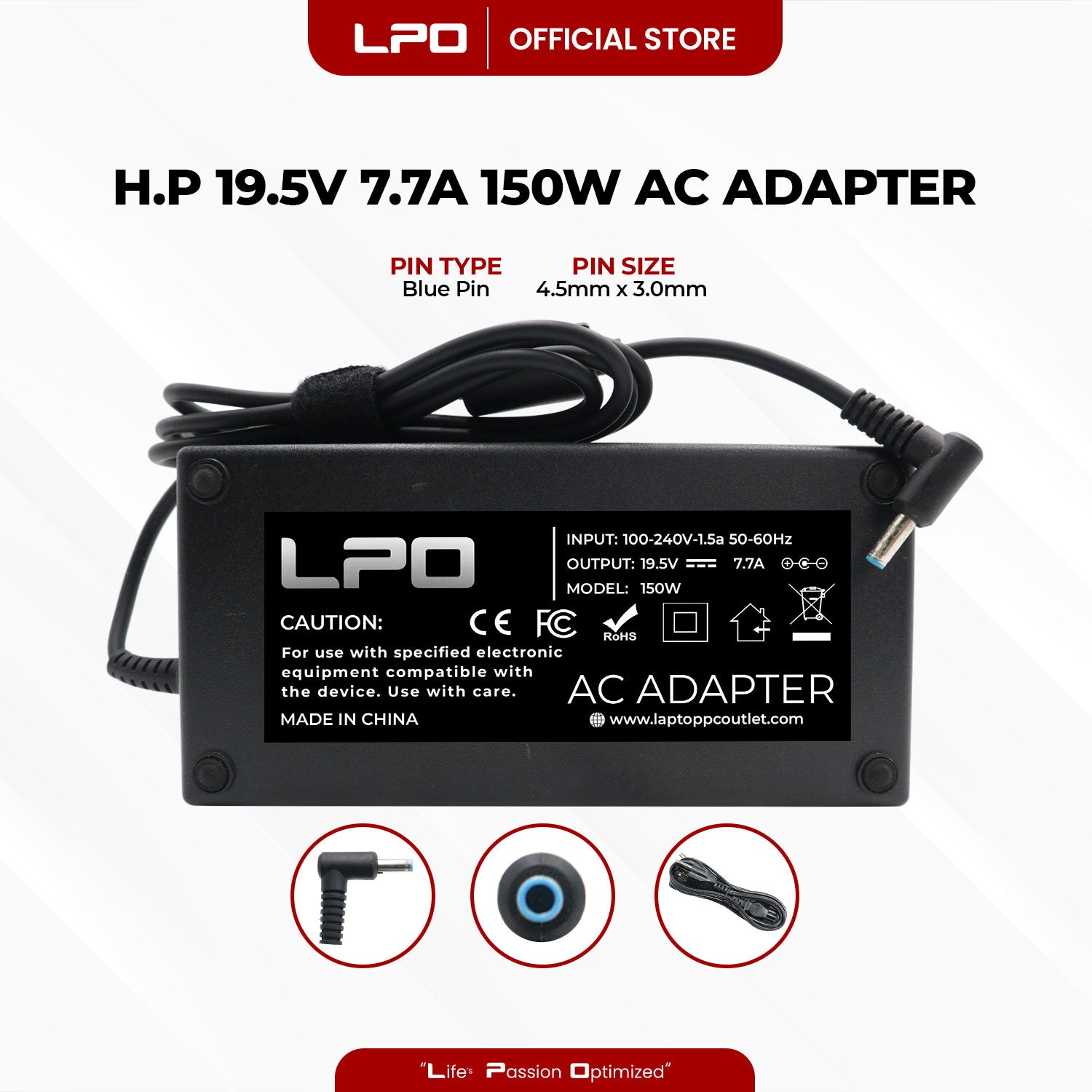 Laptop Charger HP 19.5V 7.7A 150W Blue Pin 4.5mm x 3.0mm Compatible with HP ZBook 15 G3 W2Y15PA