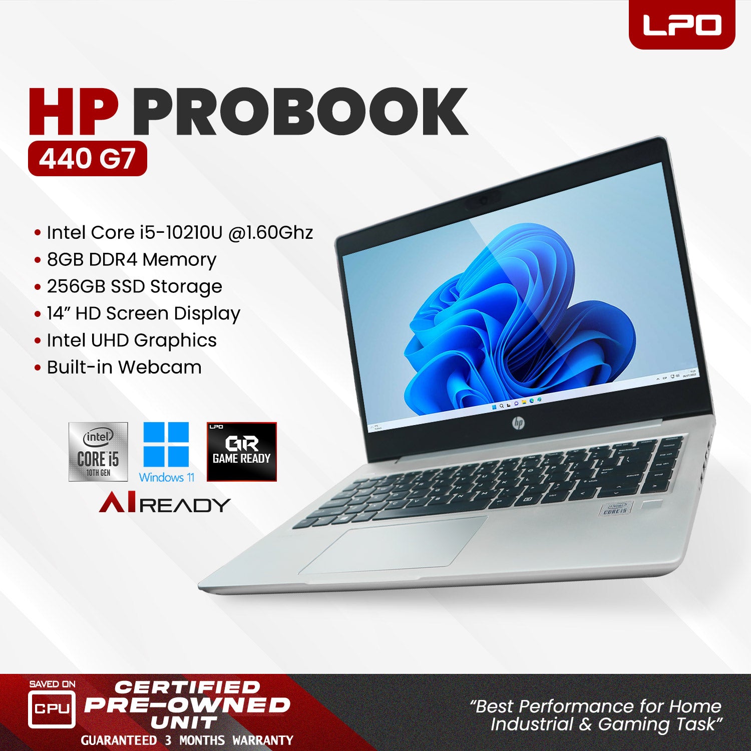 LPO Laptop HP ProBook 440 G7 Intel Core i5-10210U @ 1.60GHz 8GB DDR4 256GB SSD 14.0