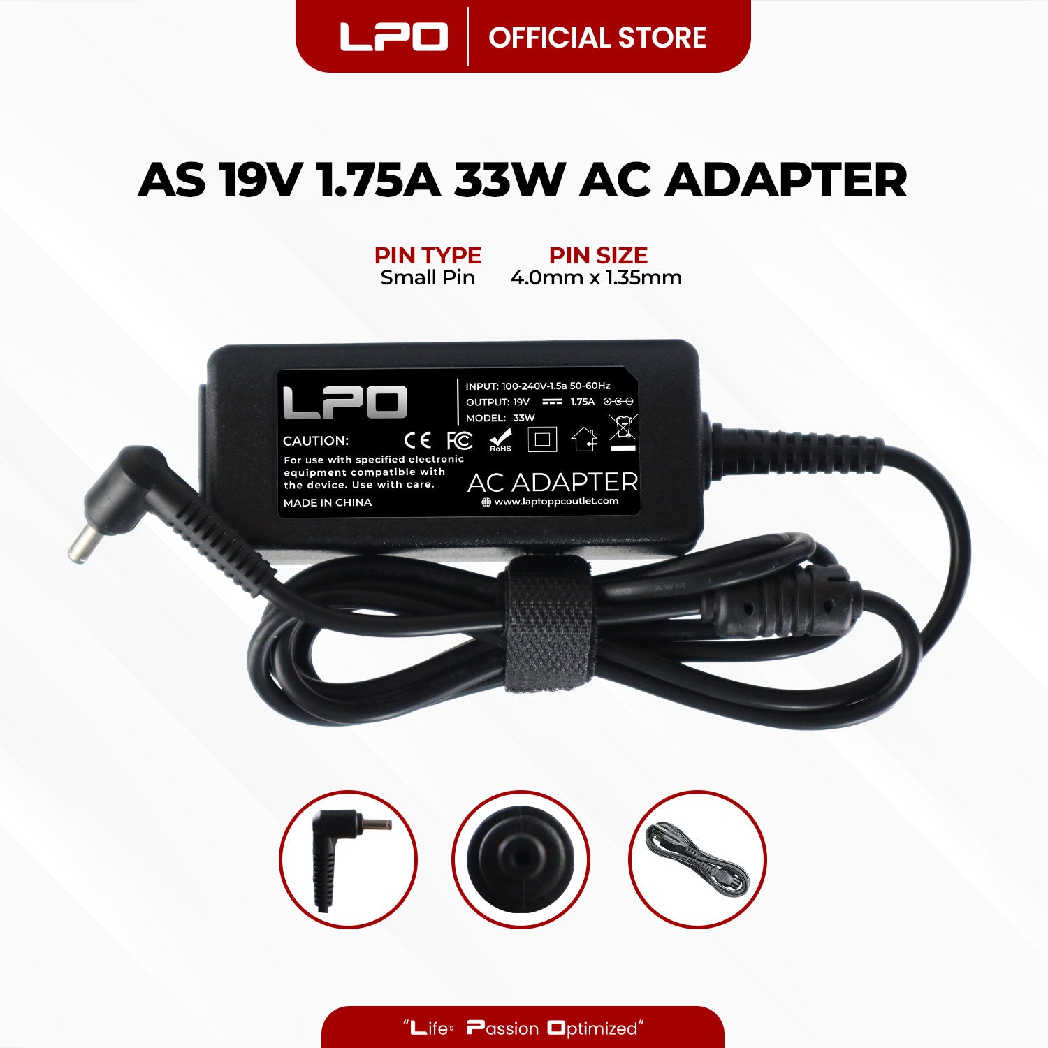 Laptop Charger Asus 19V 1.75A 33W Small Pin 4.0mm x 1.35mm Compatible with Asus S220 Series