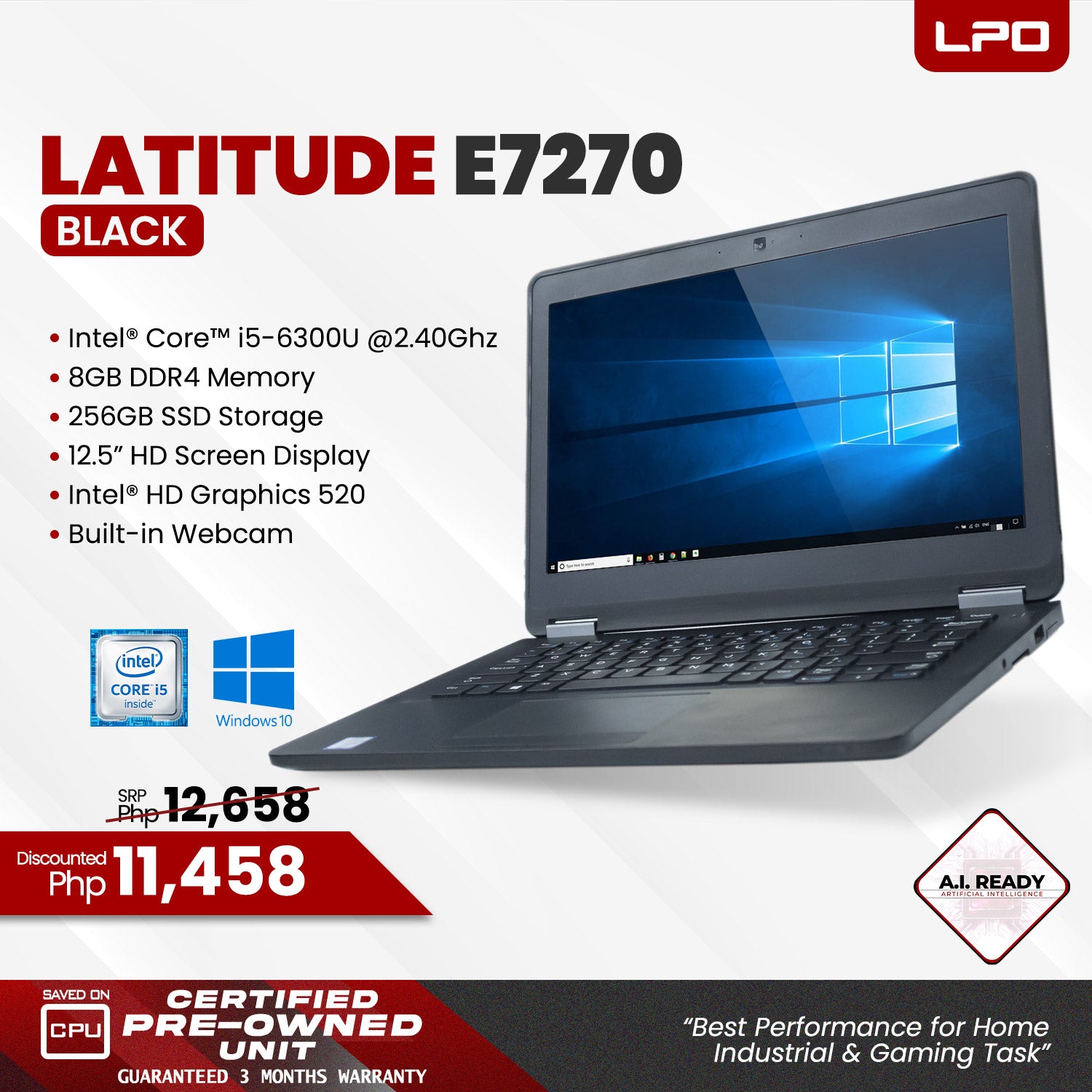 Laptop Dell Latitude E7270 Intel Core i5-6300U 2.40Ghz 8GB DDR4 256GB SSD Intel HD Graphics 520 12.5