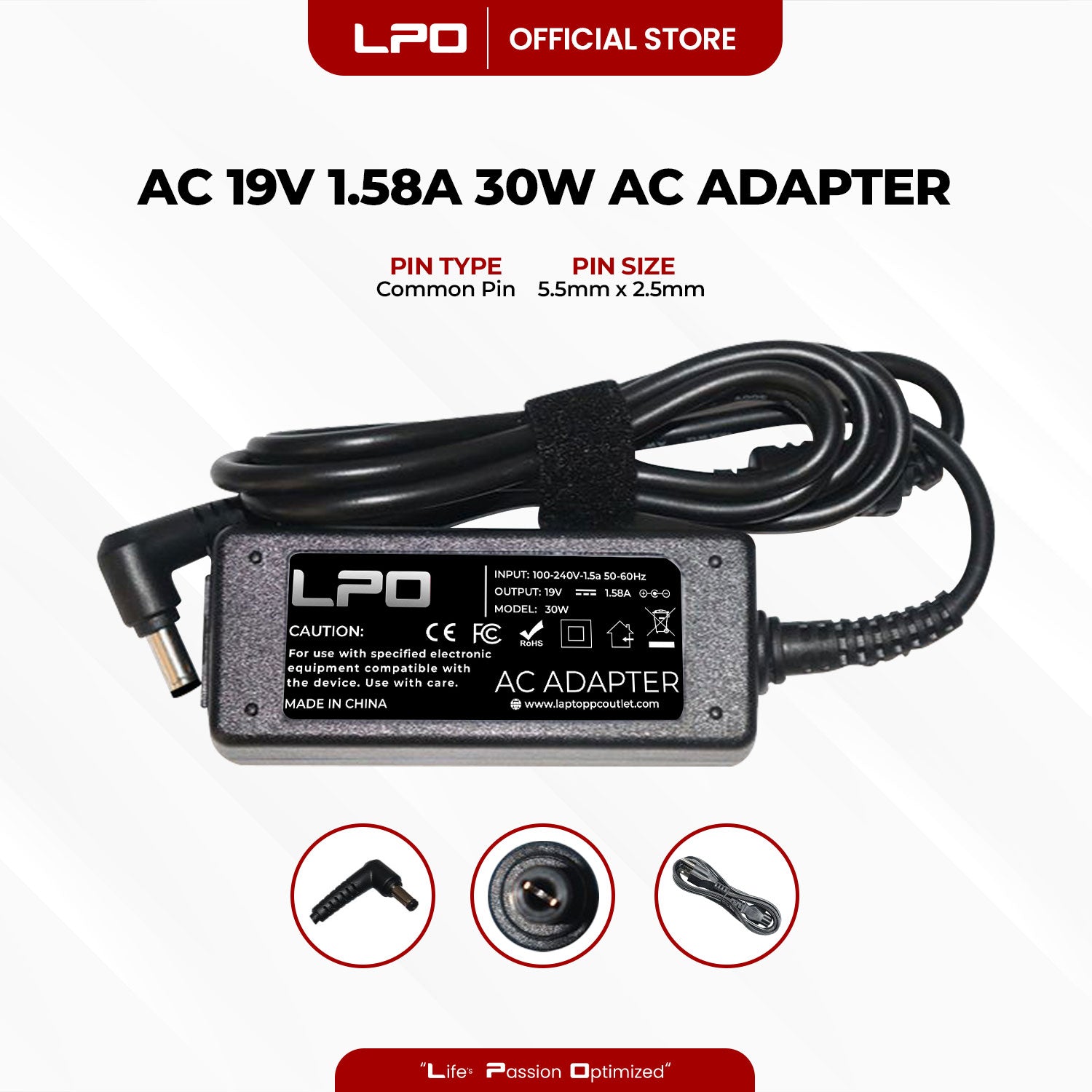 Laptop Charger Acer 19V 1.58A 30W Common Pin 5.5mm x 2.5mm Compatible with Acer Aspire One 11.6