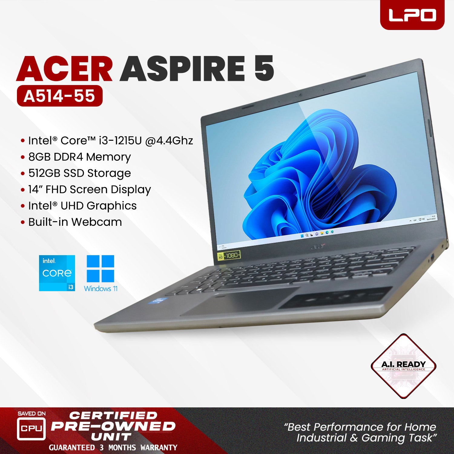 LPO Laptop Acer Aspire 5 A514-55 Intel Core i3-1215U @ 4.4GHz 8GB DDR4 512GB SSD Windows 11 Home 14.0