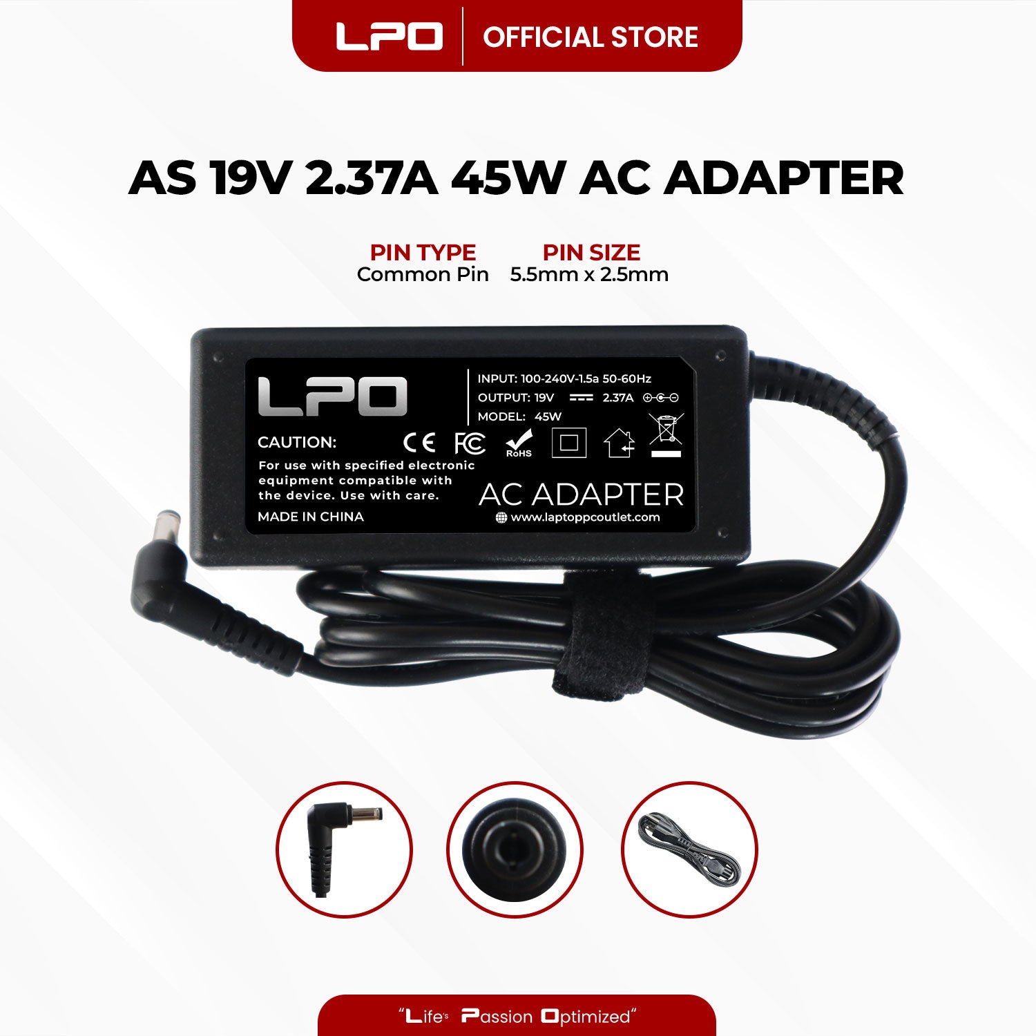 Laptop Charger Asus 19V 2.37A 45W Common Pin 5.5mm x 2.5mm Compatible with Asus K55 Series