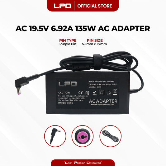 Laptop Charger Acer 19.5V 6.92A 135W Purple Pin 5.5mm x 1.7mm Compatible with Acer Nitro 5 N20C2