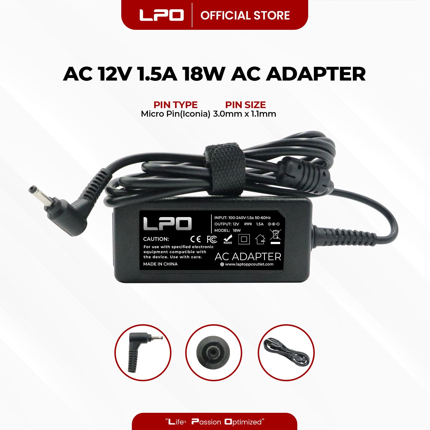 Laptop Charger Acer 12V 1.5A 18W  Micro Pin Iconia 3.0mm x 1.1mm Compatible with Acer Iconia Tab A100 A200