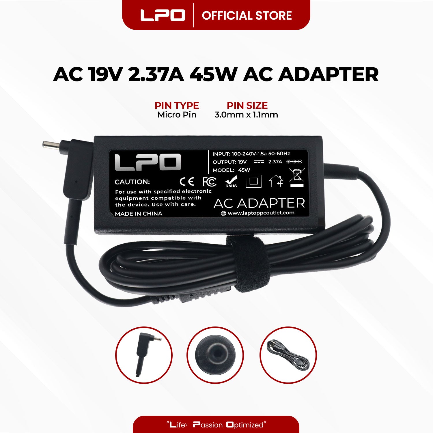 Laptop Charger Acer 19V 2.37A 45W Micro Pin 3.0mm x 1.1mm Compatible with Acer Aspire 5 A515-44 A515-46