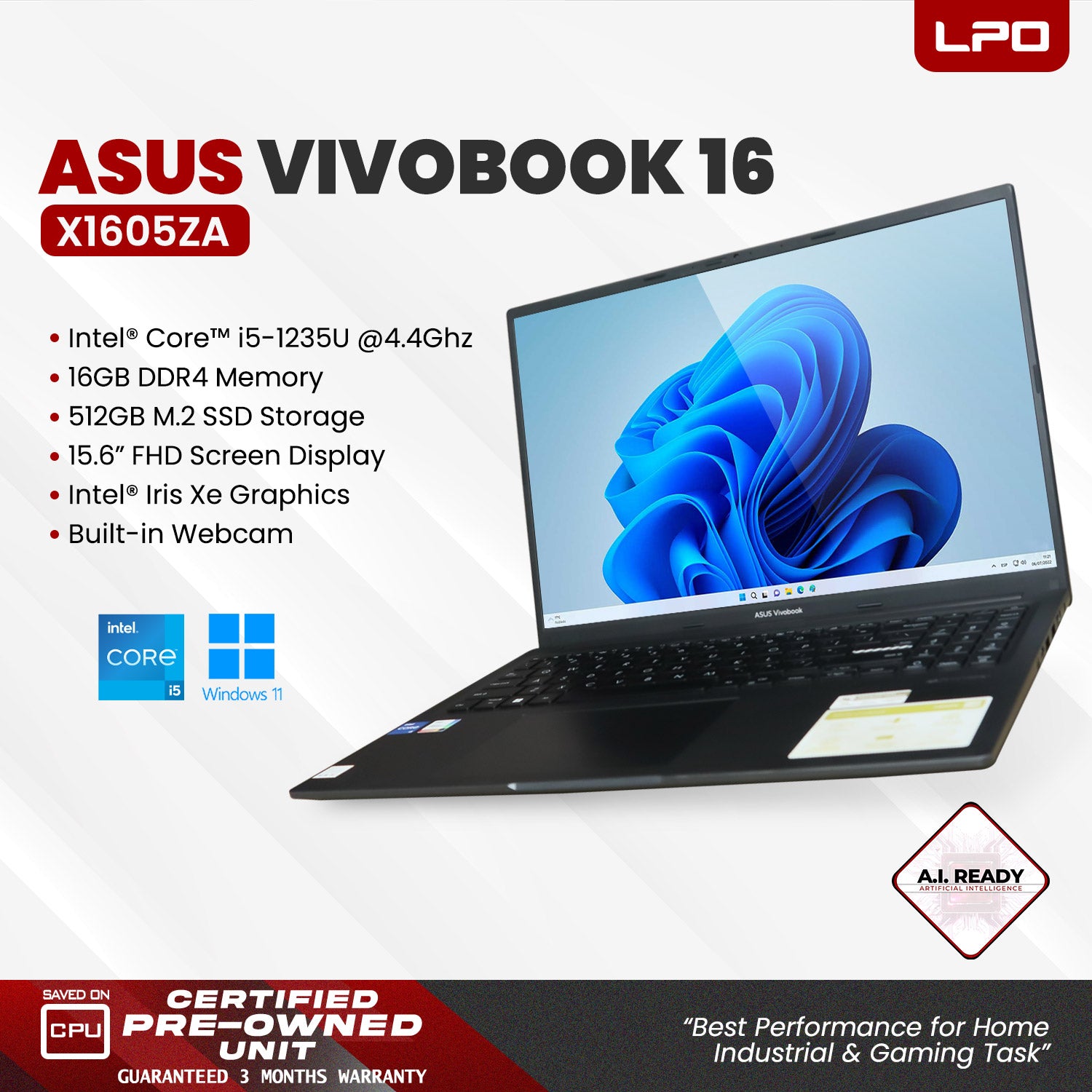 LPO Laptop Asus Vivobook 16 X1605ZA Intel Core i5-1235U @ 4.4GHz 16GB DDR4 512GB M.2 SSD Windows 11 Home 15.6