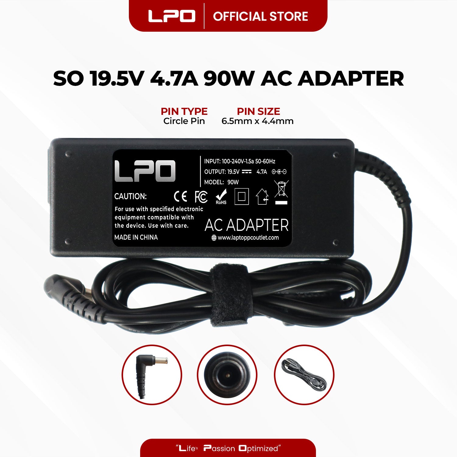 Laptop Charger Sony 19.5V 4.7A 90W Circle Pin 6.5mm x 4.4mm Compatible with Sony ADP-90TH