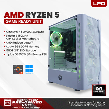 Gaming Unit AMD Ryzen 5 2400G @3.6Ghz Biostar B450MHP AM4 Socket AMD Radeon Vega 7 Adata 8Gb DDR4 128GB 2.5
