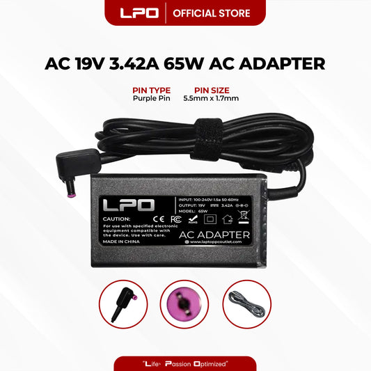 Laptop Charger Acer 19V 3.42A 65W Purple Pin 5.5mm x 1.7mm Compatible with Acer TravelMate B115, B115M, B113, B113-M
