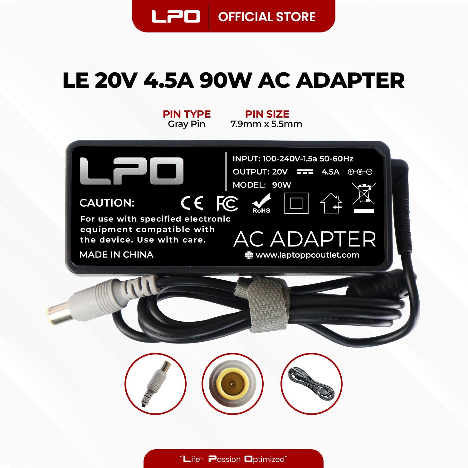 Laptop Charger Lenovo 20V 4.5A 90W Gray Pin 7.9mm x 5.5mm Compatible with Lenovo ThinkPad 417032U