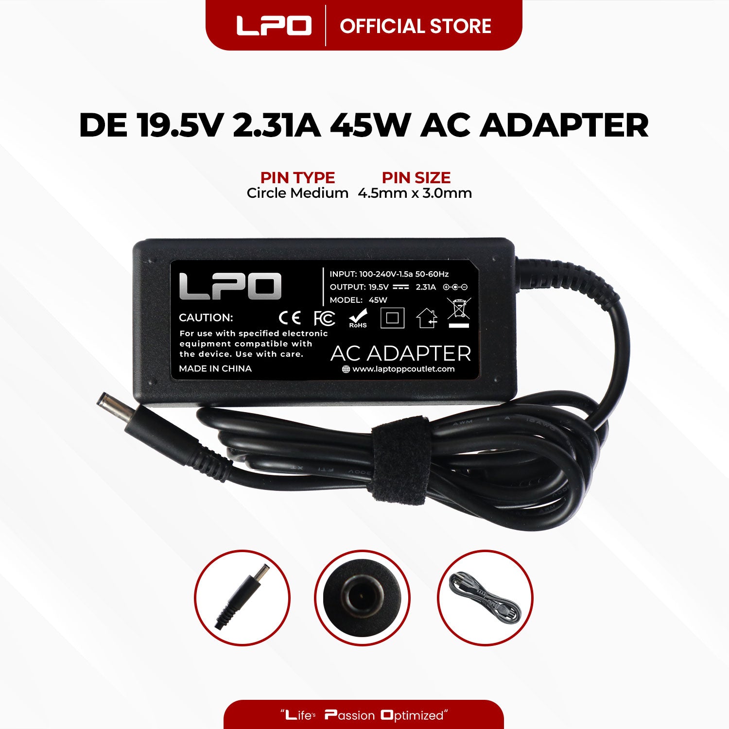 Laptop Charger Dell 19.5V 2.31A 45W Circle Medium 4.5mm x 3.0mm Compatible with Dell XPS 13 Ultrabook