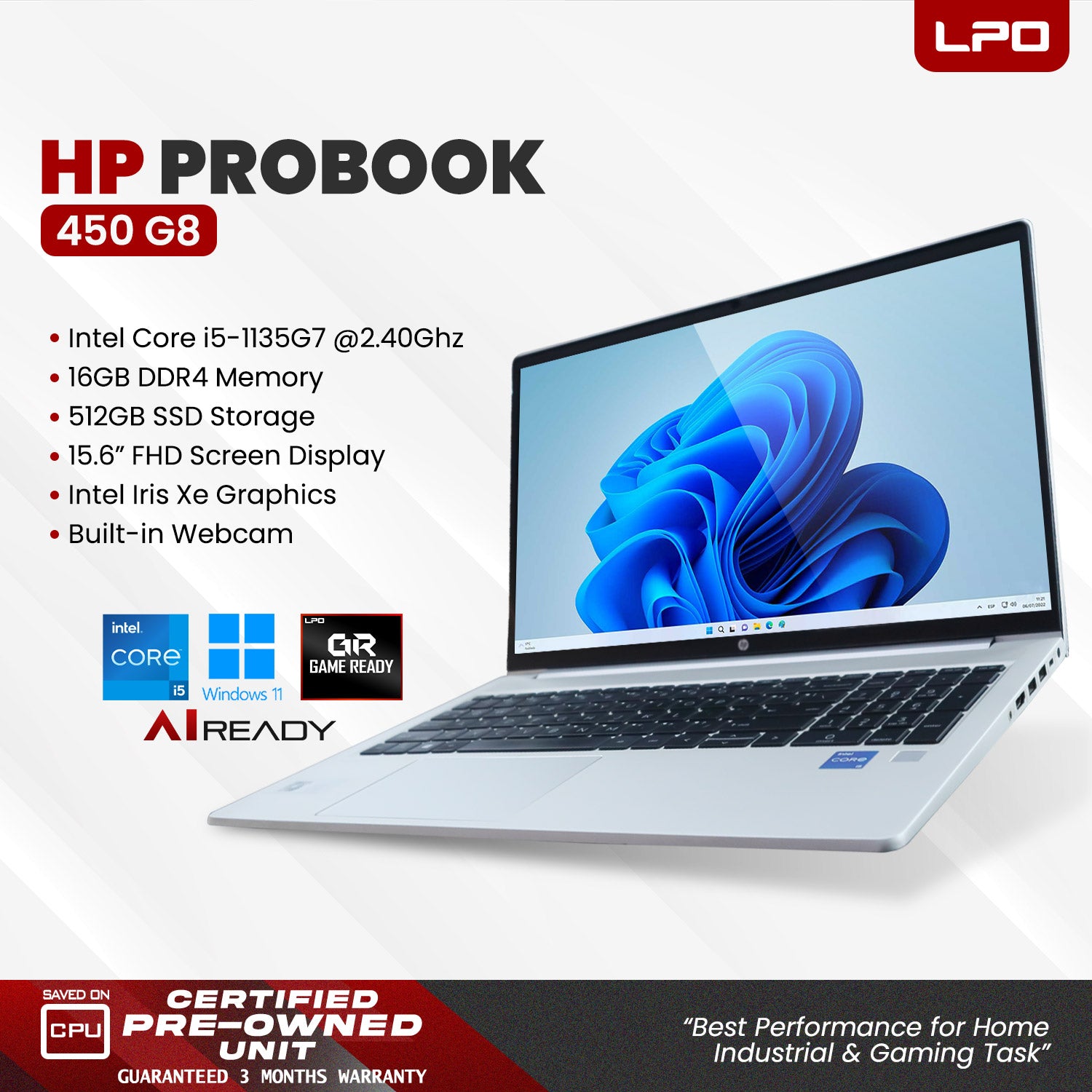 LPO Laptop HP ProBook 450 G8 Intel Core i5-1135G7 @ 2.40GHz 16GB DDR4 512GB SSD 15.6