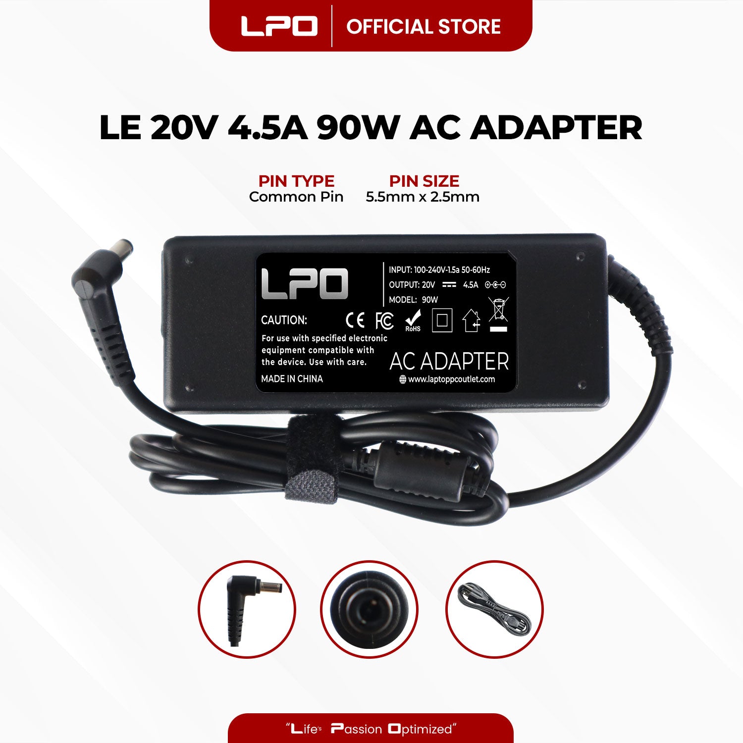 Laptop Charger Lenovo 20V 4.5A 90W Common Pin 5.5mm x 2.5mm Compatible with Lenovo IdeaPad S400