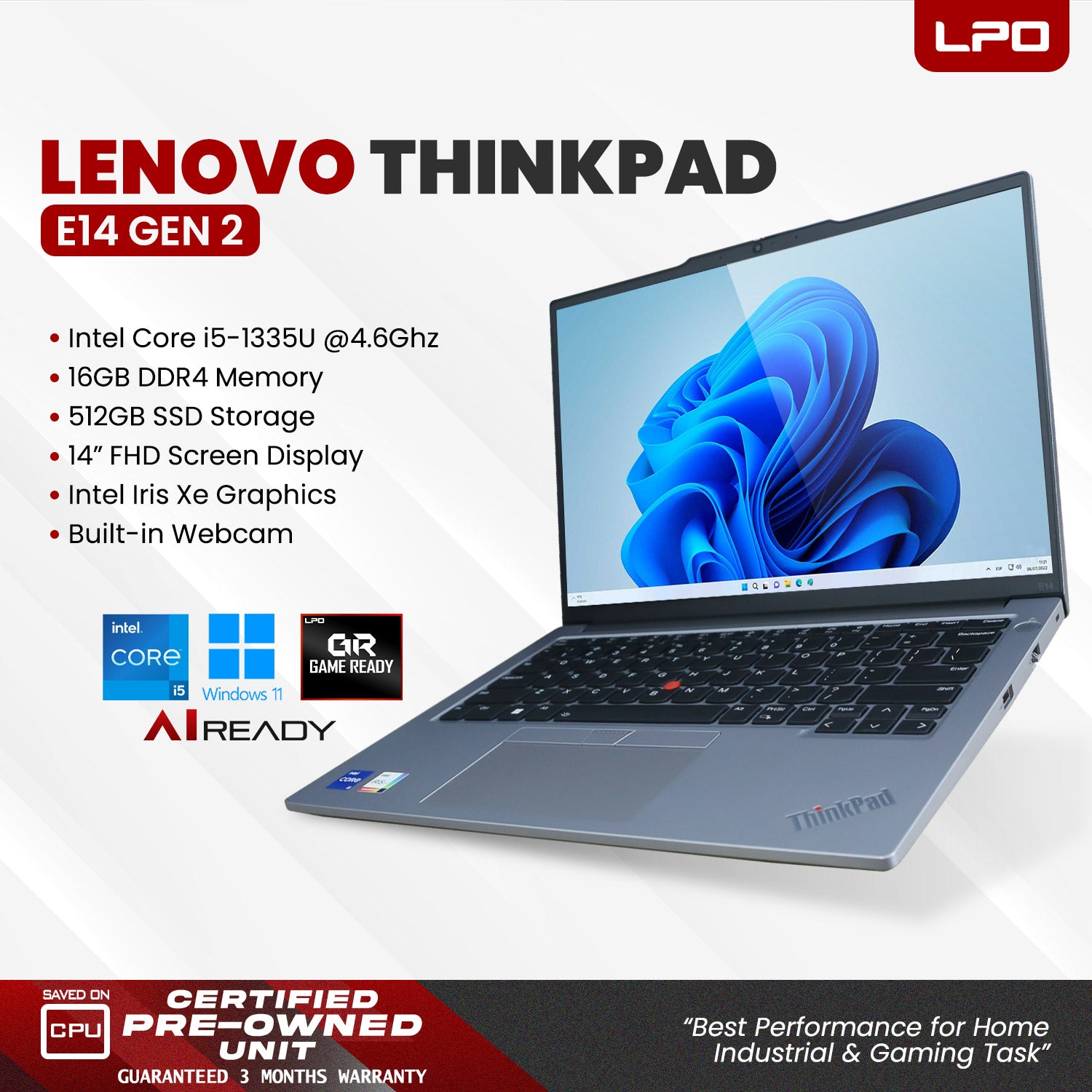 LPO Laptop Lenovo ThinkPad E14 Gen 5 Intel Core i5-1335U @ 4.6GHz 16GB DDR4 512GB SSD 14.0