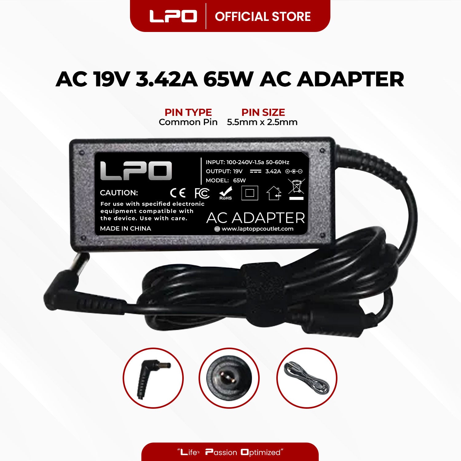 Laptop Charger Acer 19V 3.42A 65W Common Pin 5.5mm x 2.5mm Compatible with Acer TravelMate1680