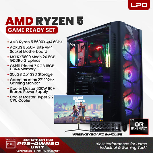 Gaming Desktop Computer AMD Ryzen 5 5600X @4.6Ghz B550M Elite AM4 Socket RX6600 Mech 2x 8GB GDDR6 Trident Z RGB 16GB DDR4 256GB 2.5" SSD Atlas 27" 192Hz  Cooler Master 600W 80+ Bronze Cooler Master Hyper 212 CPU Cooler