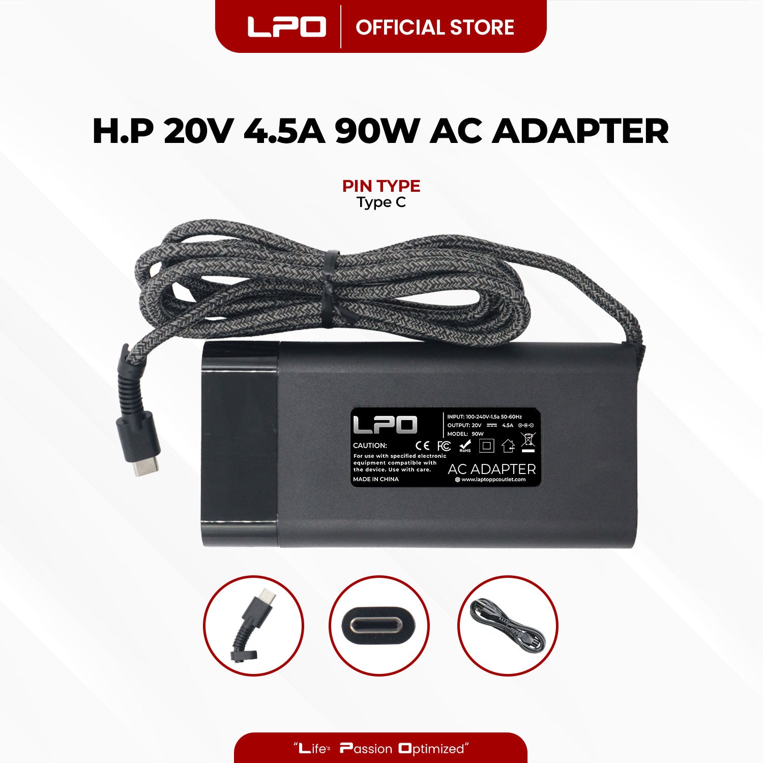 Laptop Charger HP 20V 4.5A 90W TYPE C Compatible with HP Spectre x360 904082-003