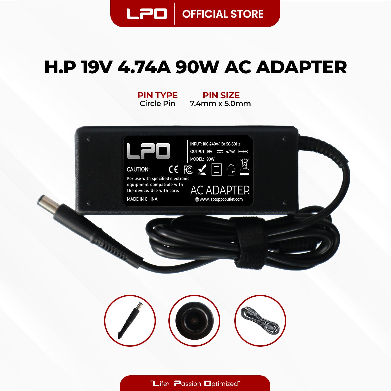Laptop Charger HP 19V 4.74A 90W	Circle Pin 7.4mm x 5.0mm Compatible with HP ProBook 430