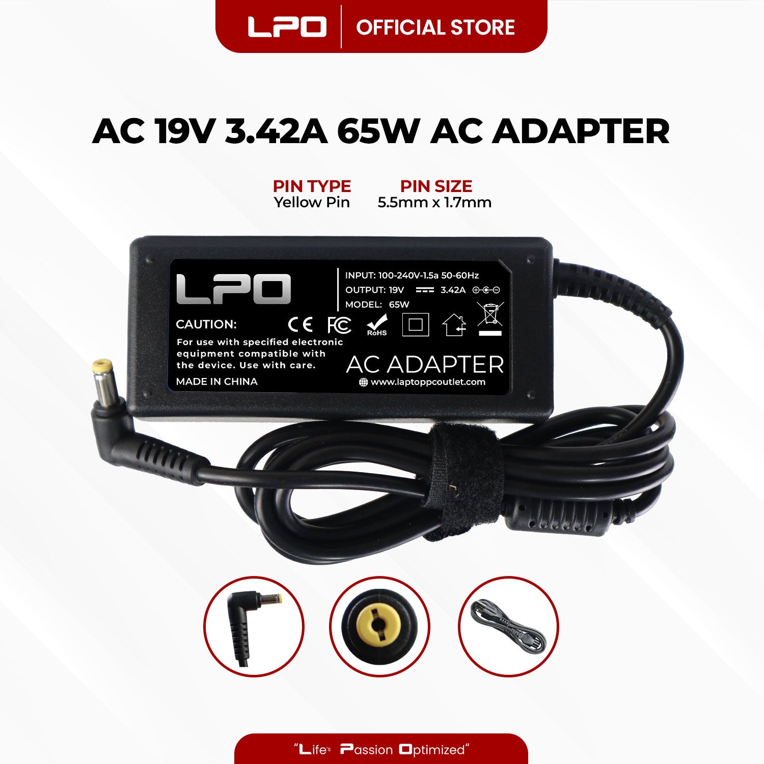 Laptop Charger Acer 19V 3.42A 65W Yellow Pin 5.5mm x 1.7mm Compatible with Acer Aspire R3 V3 V5 V7