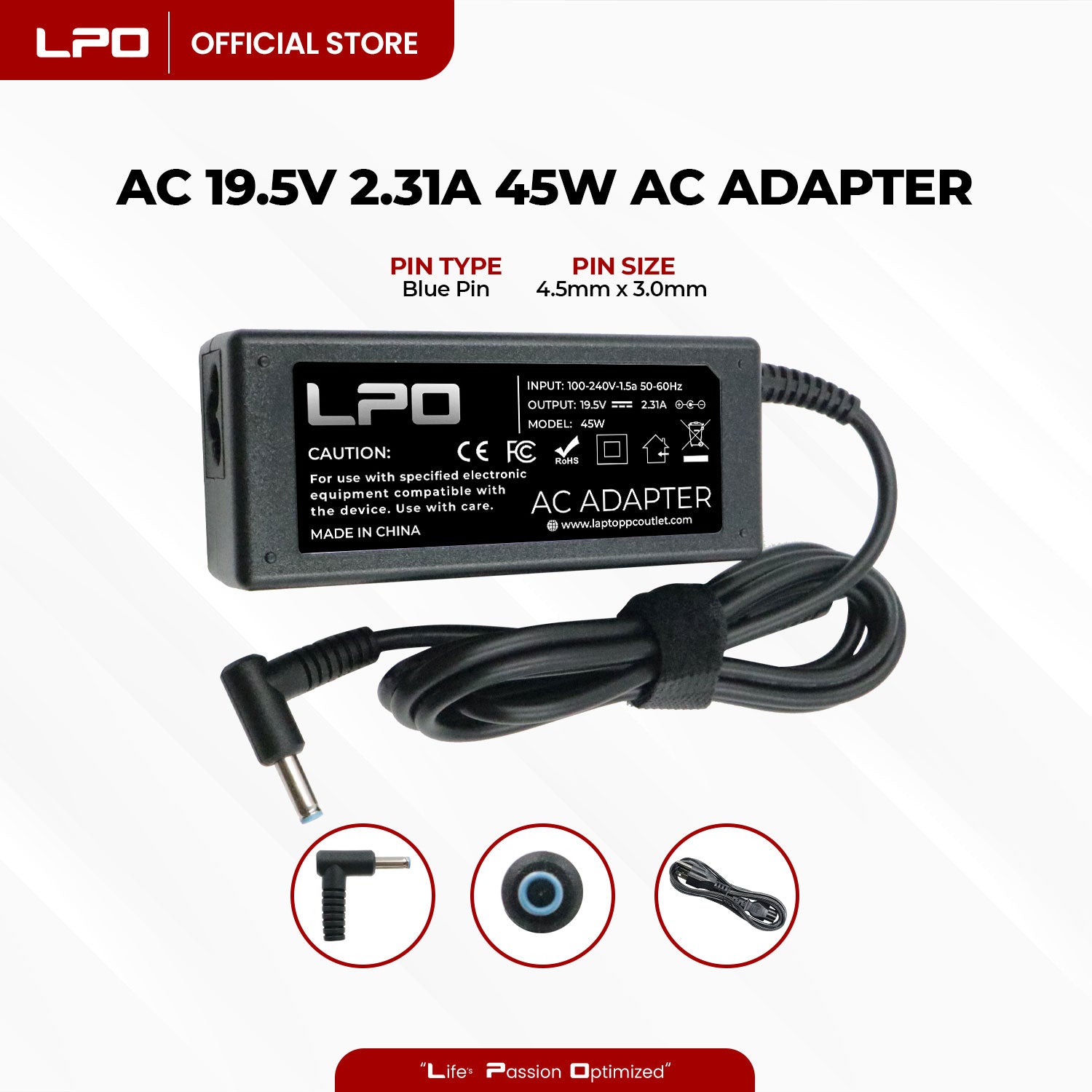 Laptop Charger HP 19.5V 2.31A 45W	Blue Pin 4.5mm x 3.0mm Compatible with HP 14-ac120tx
