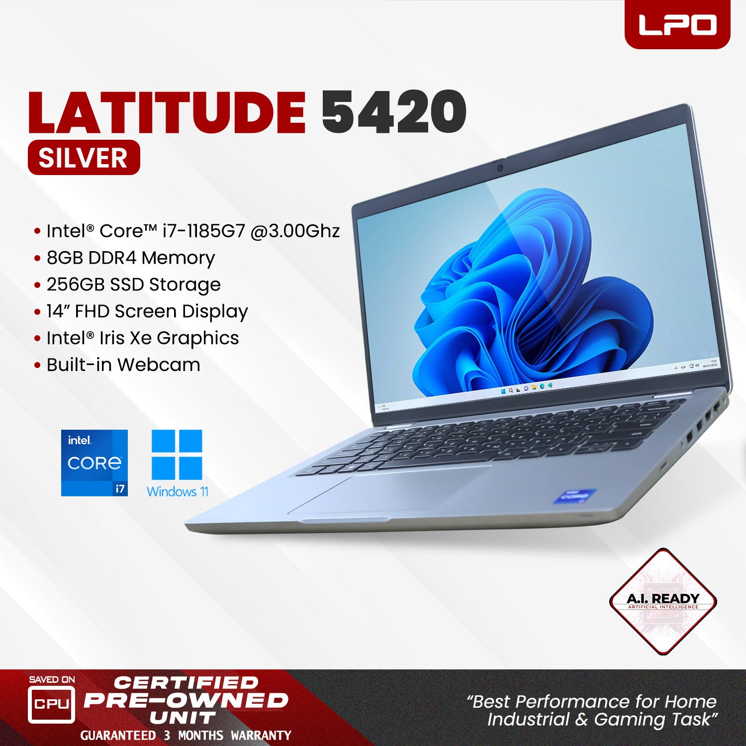 LPO Laptop Dell Latitude 5420 Silver Intel Core i7-1185G7 3.00Ghz 8Gb DDR4 256GB SSD Intel Iris Xe 14