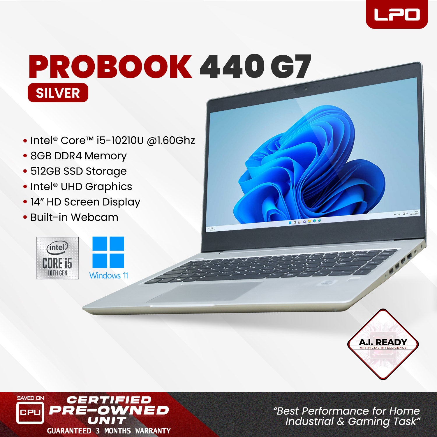 Laptop HP Probook 440 G7 Intel Core i5-10210U 1.60Ghz 8GB DDR4 512GB SSD Intel UHD Graphics 14.0