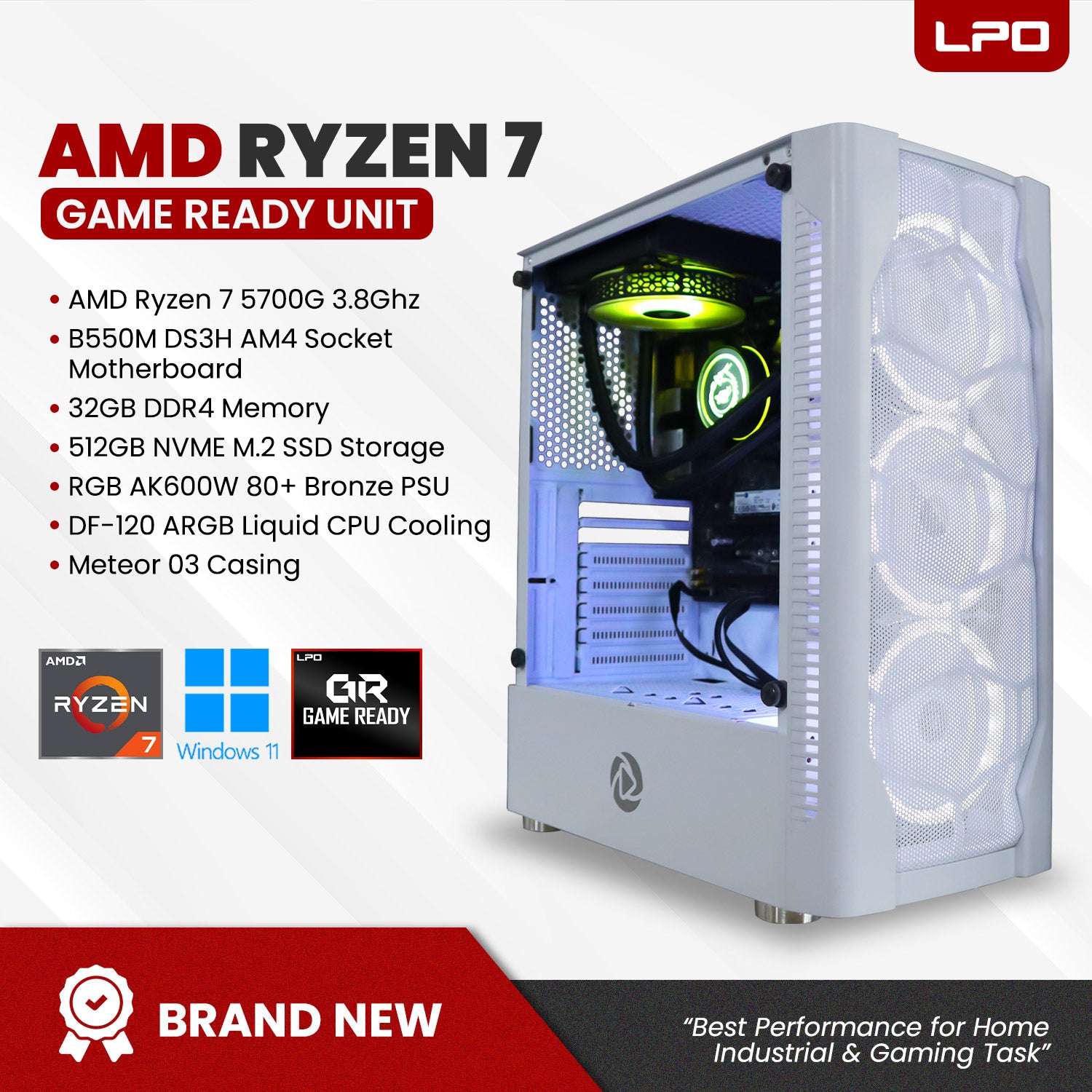 Gaming Unit AMD Ryzen 7 5700G 3.8Ghz B550M DS3H AM4 Socket 32GB DDR4 512GB NVME M.2 SSD RGB AK600W 80+ Bronze DF-120 ARGB Liquid CPU Cooling Meteor 03 Casing (Game Ready)