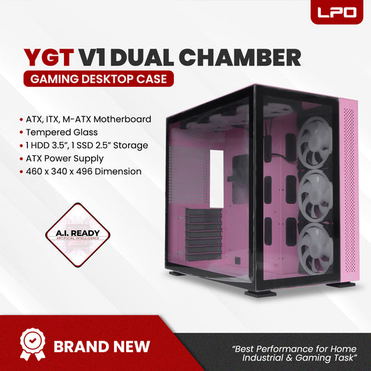 YGT V1 Dual Chamber ATX PC Case Gaming Tempered Glass Desktop Computer Case
