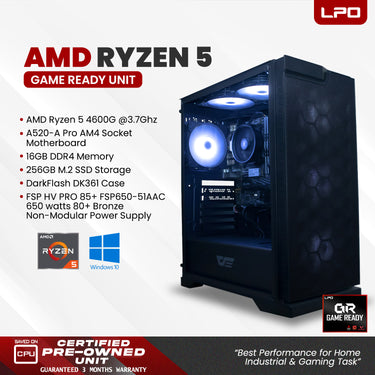 Gaming Unit AMD Ryzen 5 4600G 3.7Ghz A520-A Pro AM4 Socket Motherboard 16GB DDR4 256GB M.2 SSD DK361 Case FSP HV Pro 80Plus Bronze FSP650-51AAC 650W Non-Modular PSU (Game Ready)