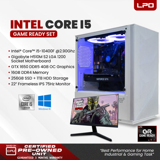 Gaming Desktop Computer Intel Core i5-10400F 2.90Ghz Gigabyte H510M S2 LGA 1200 Socket Motherboard GTX 1650 DDR5 4GB OC 16GB DDR4 256GB SSD + 1TB HDD 22