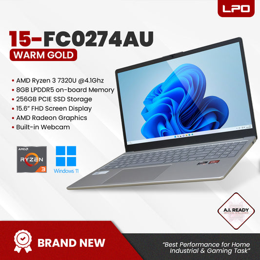 LPO HP 15-FC0274AU AMD Ryzen 3 7320U 4.1Ghz 8GB LPDDR5 256GB PCIE SSD AMD Rageon 15.6" FHD Screen Display