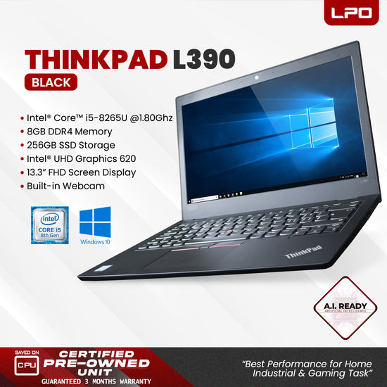 LPO Laptop Lenovo Thinkpad L390 Intel® Core™ i5-8265U CPU @1.60GHz 8GB DDR4 256GB SSD Windows 10 Pro 13.3