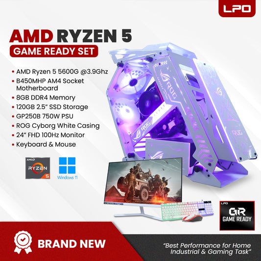 LPO AMD RYZEN 5 5600G 3.9Ghz B450MHP AM4 Socket 8GB DDR4 120GB 2.5" SSD GP250B 750W ROG Cyborg White 24" FHD 100Hz (Game Ready Set)